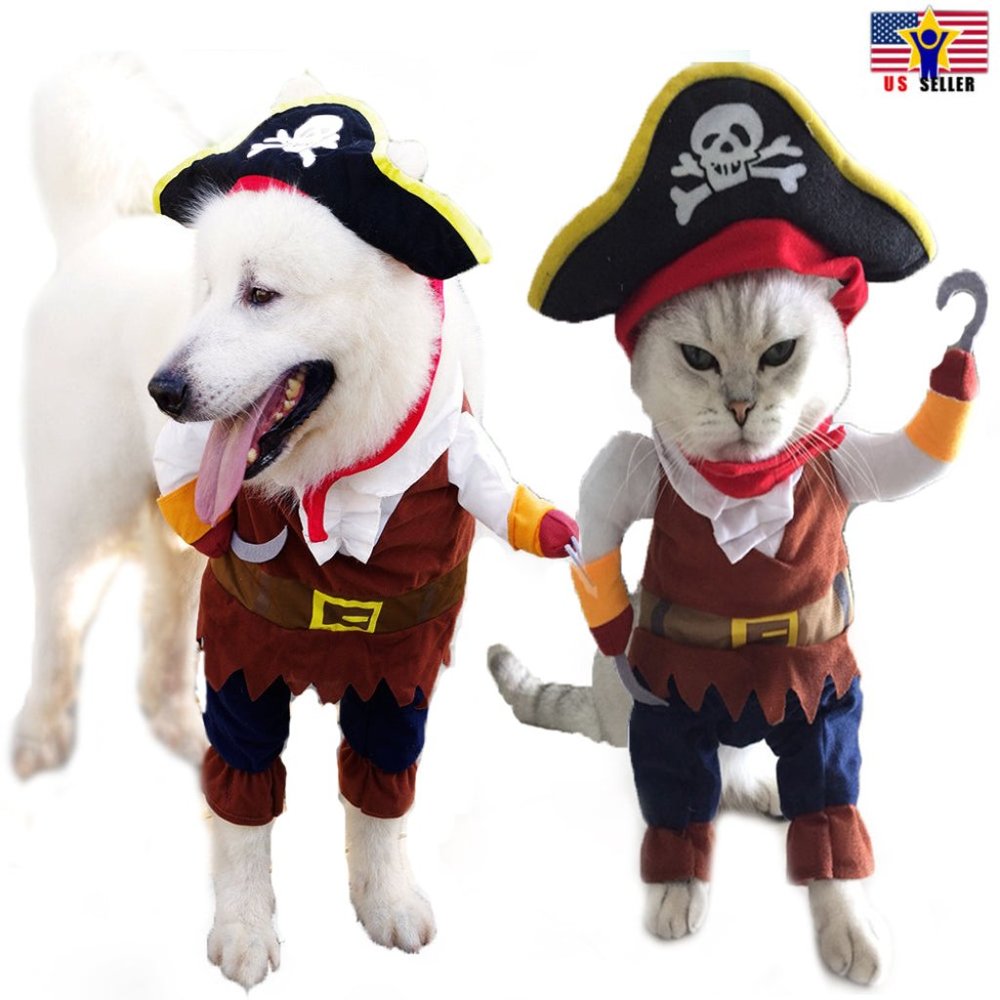 Funny Pet Cosplay Clothes Pirate Costume Dog Puppy Cat Suit w/ Hook Halloween